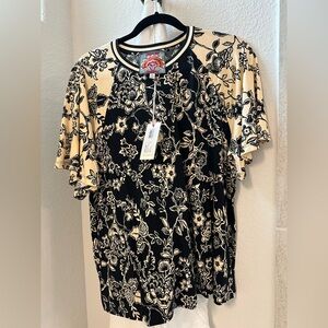 NWT JOHNNY WAS Floral Black and Cream Women's Top MEDIUM